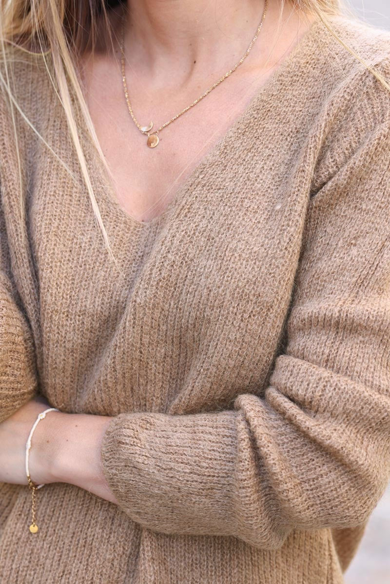 Slim fit v-neck beige mohair blend sweater
