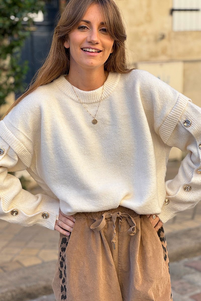 Cream Wool Blend Button-Sleeve Sweater