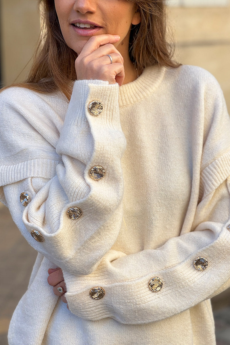 Cream Wool Blend Button-Sleeve Sweater