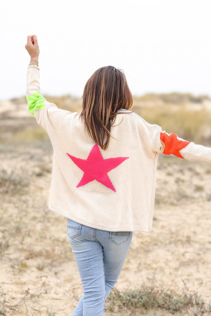 Beige knit sweater with colourful stars