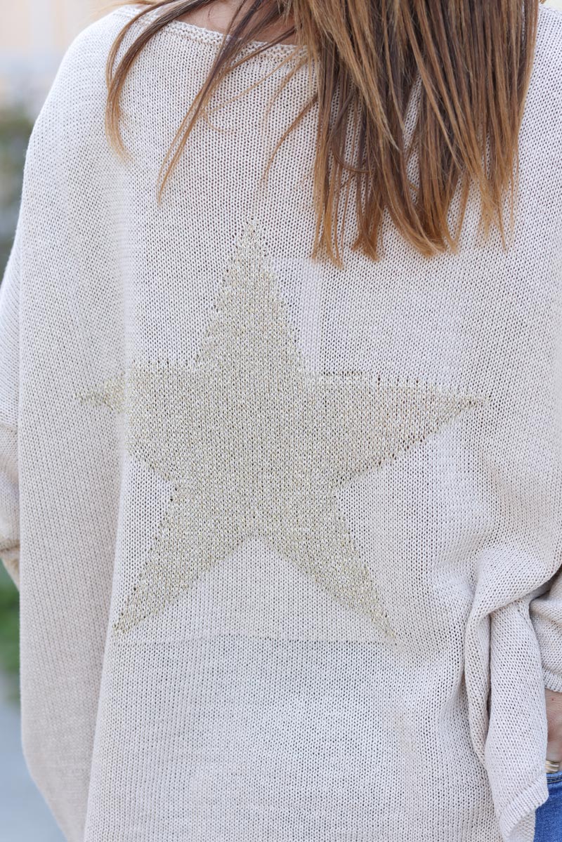 Jersey beige de punto ancho de algodón con estrellas doradas en espalda y codos