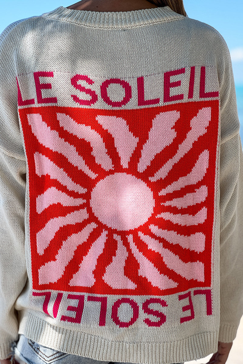 Pull beige en maille coton mélangé motif Le Soleil coloré au dos