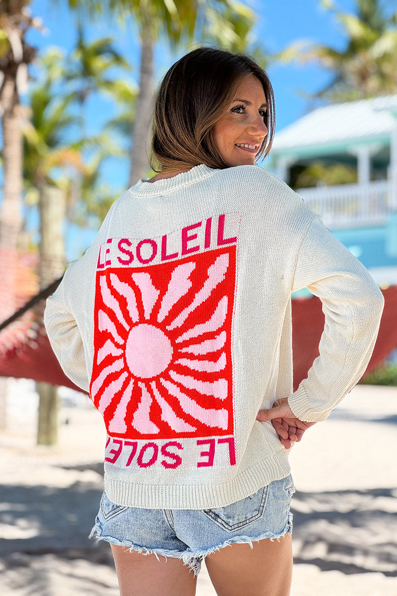 Pull beige en maille coton mélangé motif Le Soleil coloré au dos