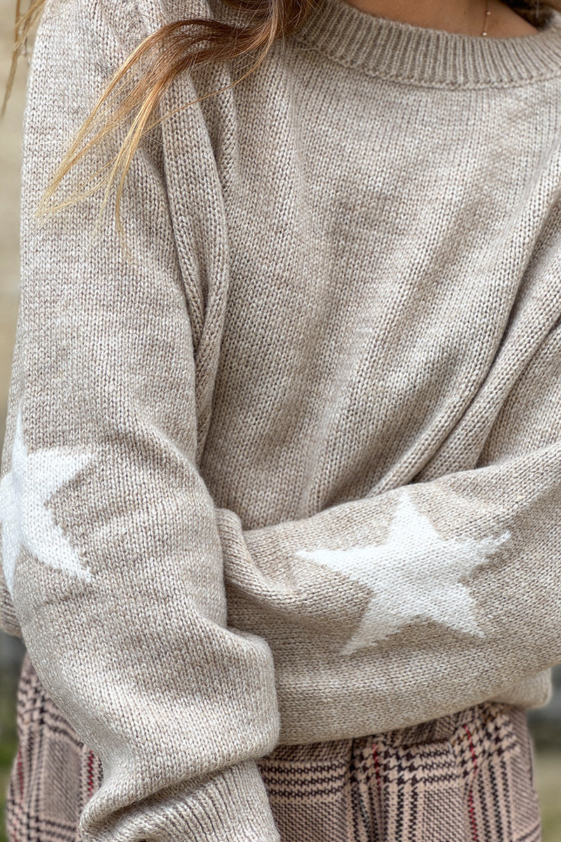 Beige Star Sleeve Knit Sweater