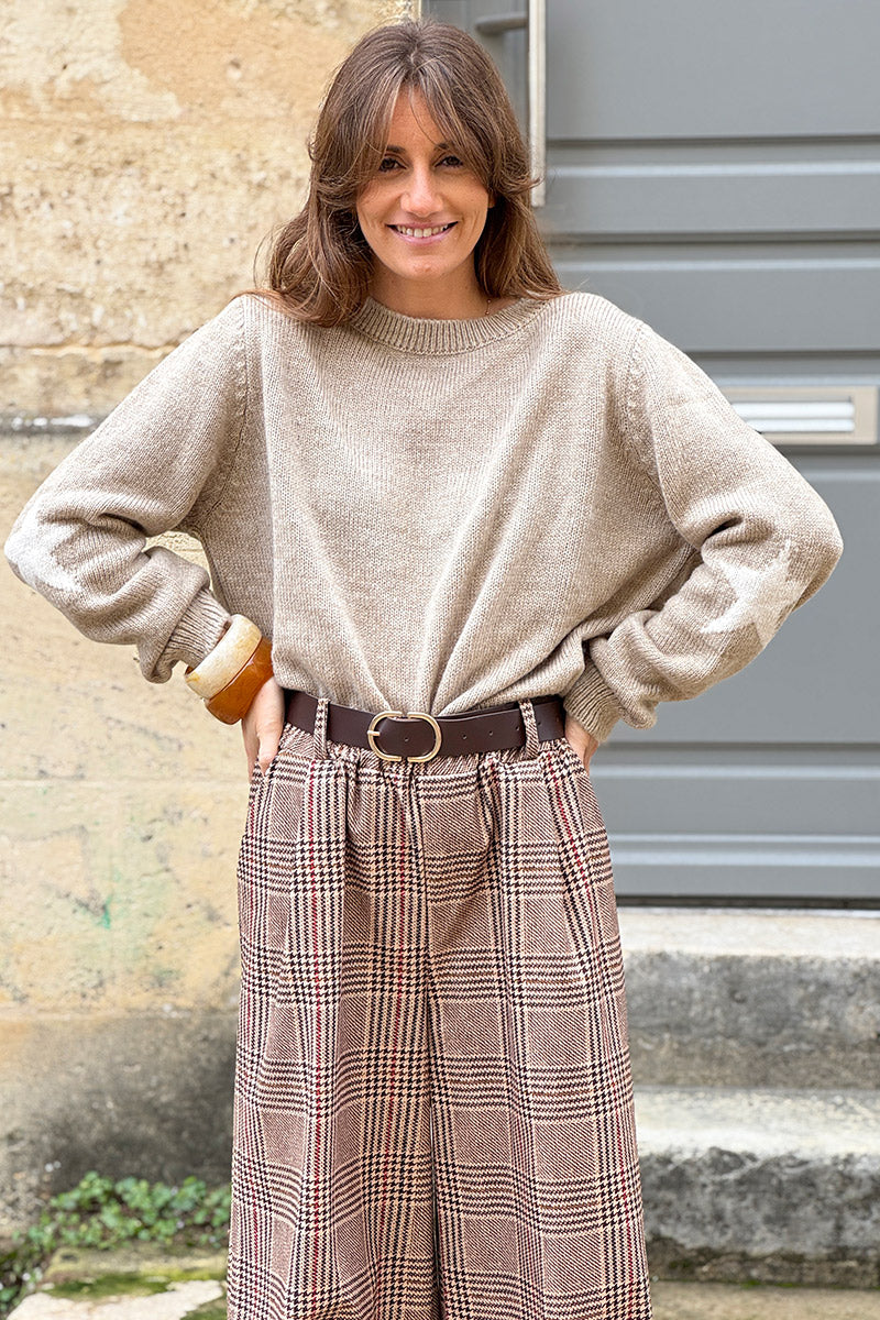 Pull beige en maille étoile aux coudes col rond