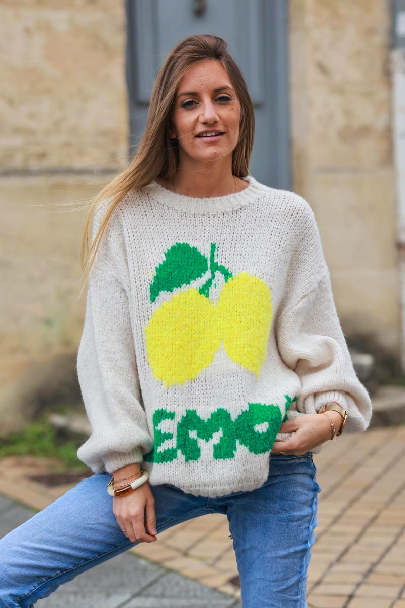 Beige chunky knit sweater with lemon pattern