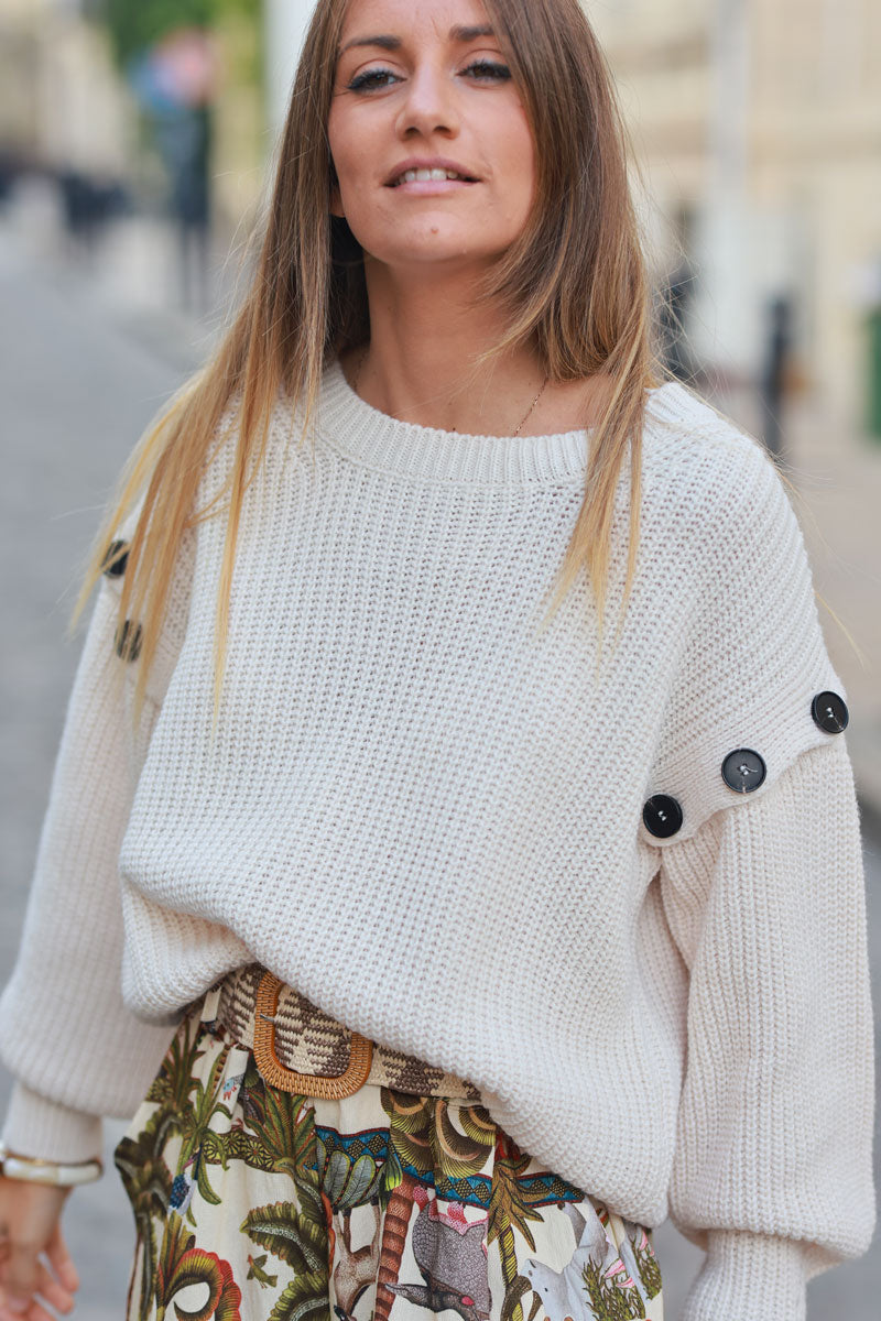 Beige chunky knit sweater, removable sleeves with large buttons