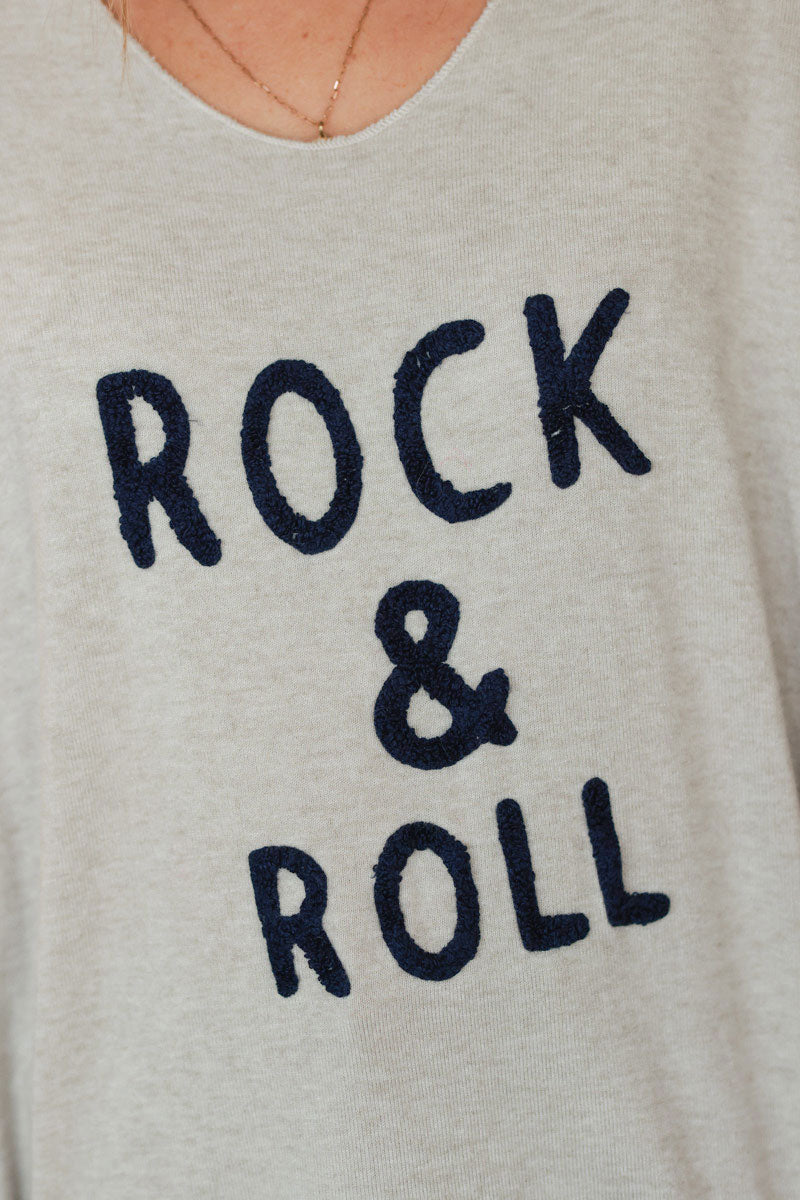 Beige Slub Knit “Rock & Roll” Long Sleeve Tee