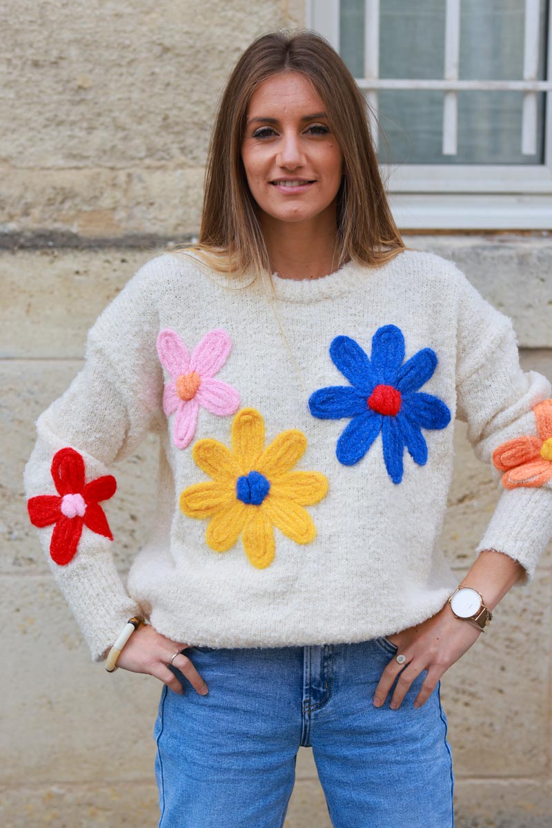 Cream Floral Wool Blend Sweater