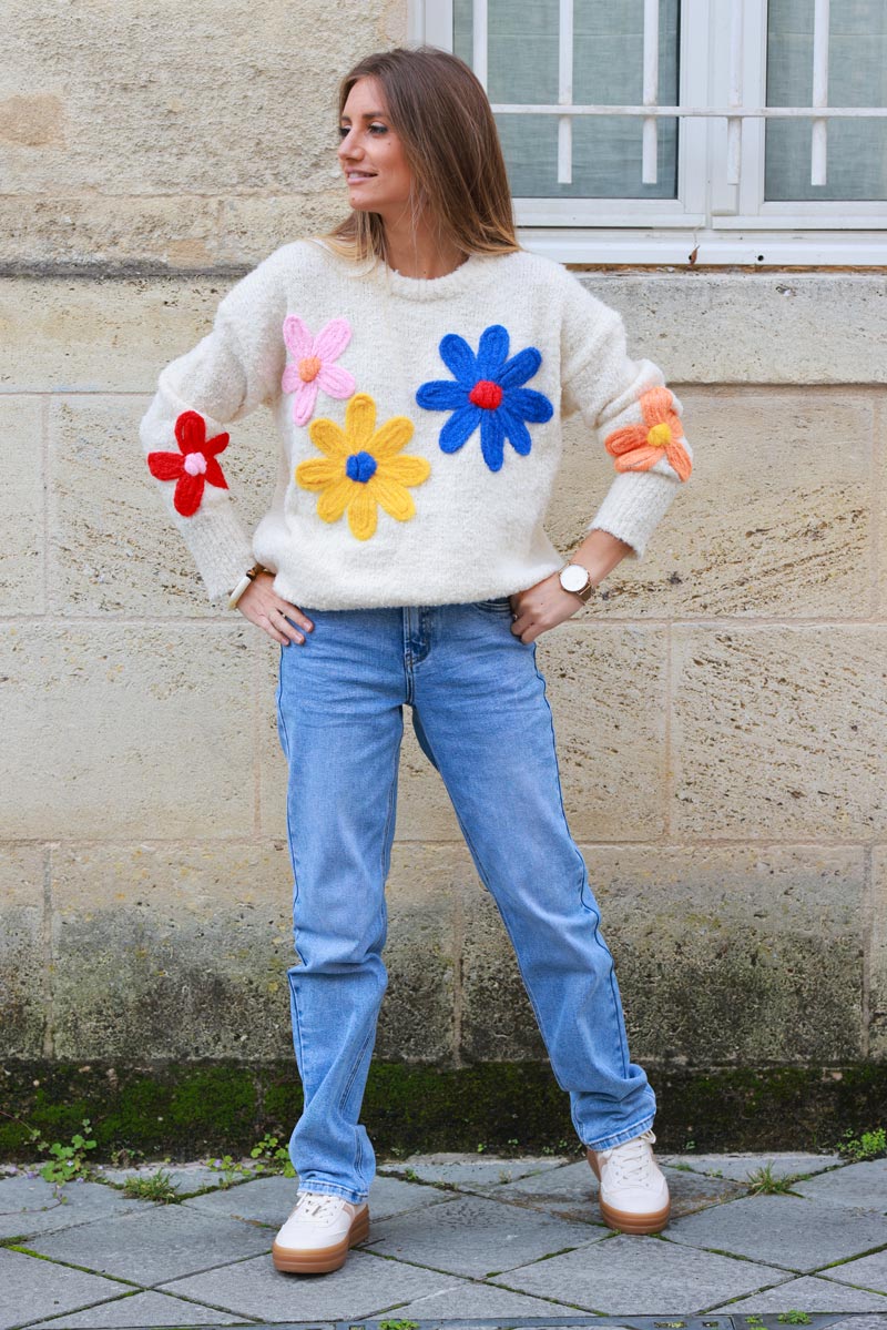 Cream Floral Wool Blend Sweater