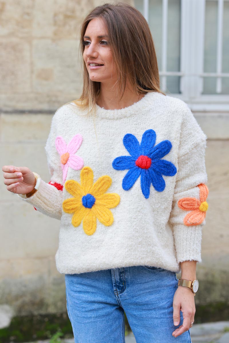 Cream Floral Wool Blend Sweater