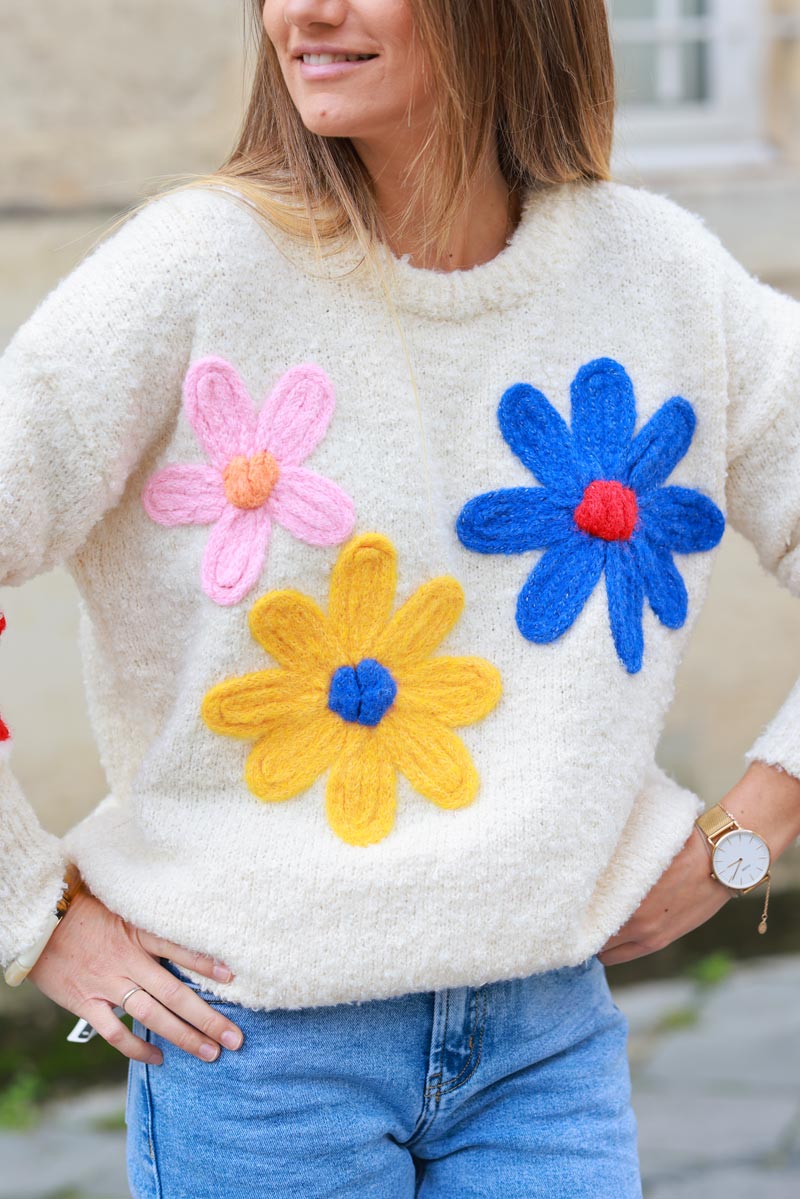 Cream Floral Wool Blend Sweater