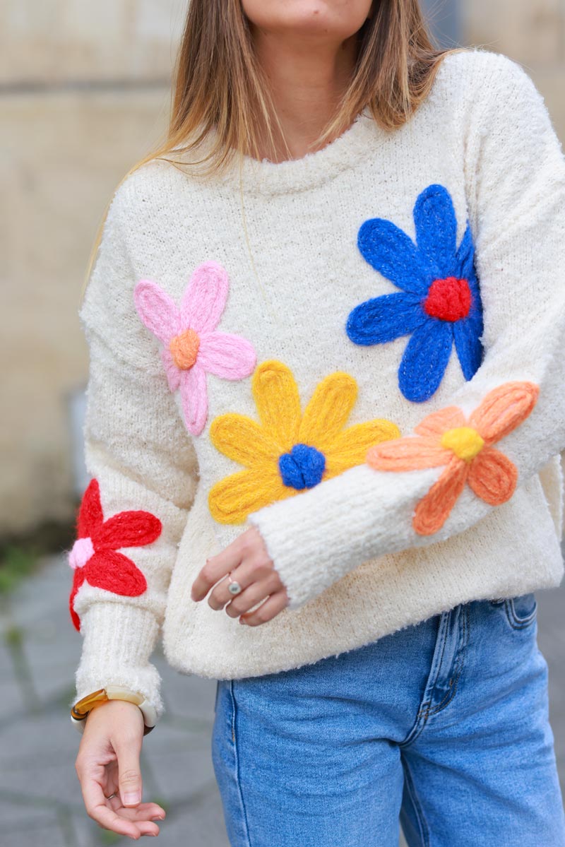 Cream Floral Wool Blend Sweater