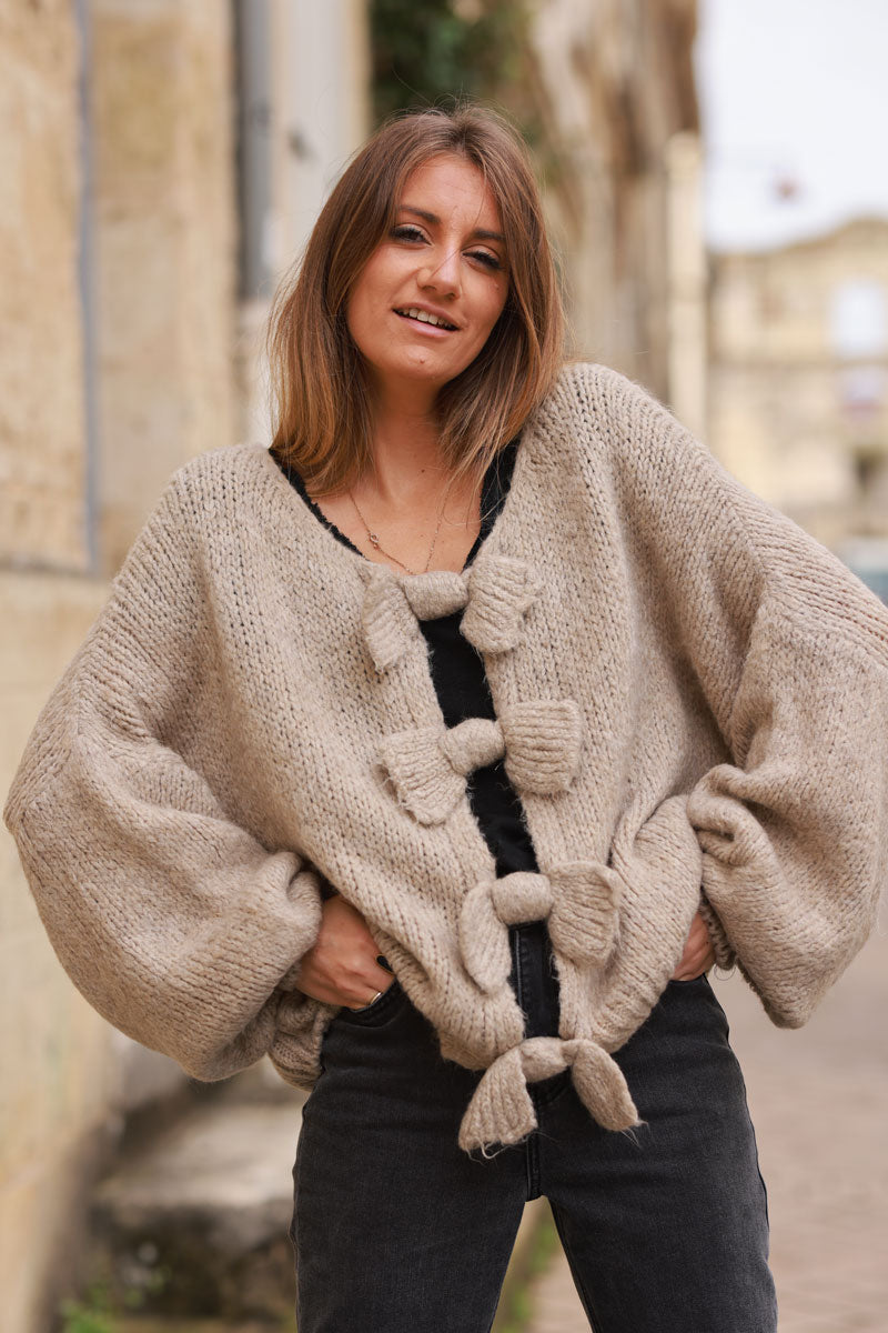 Beige Bow Detail Wool Blend Sweater