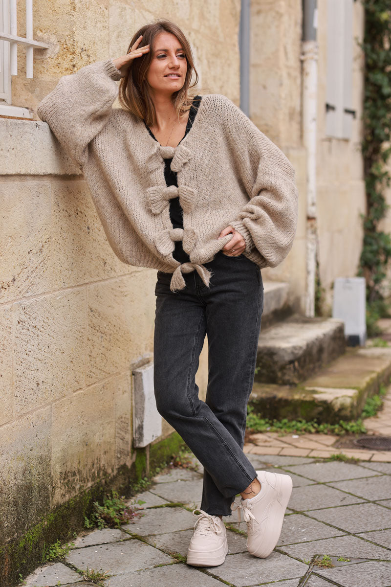 Beige Bow Detail Wool Blend Sweater