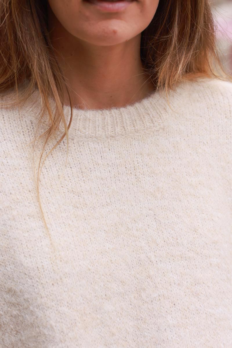 Pull beige moelleux et chaud col rond maille chinée