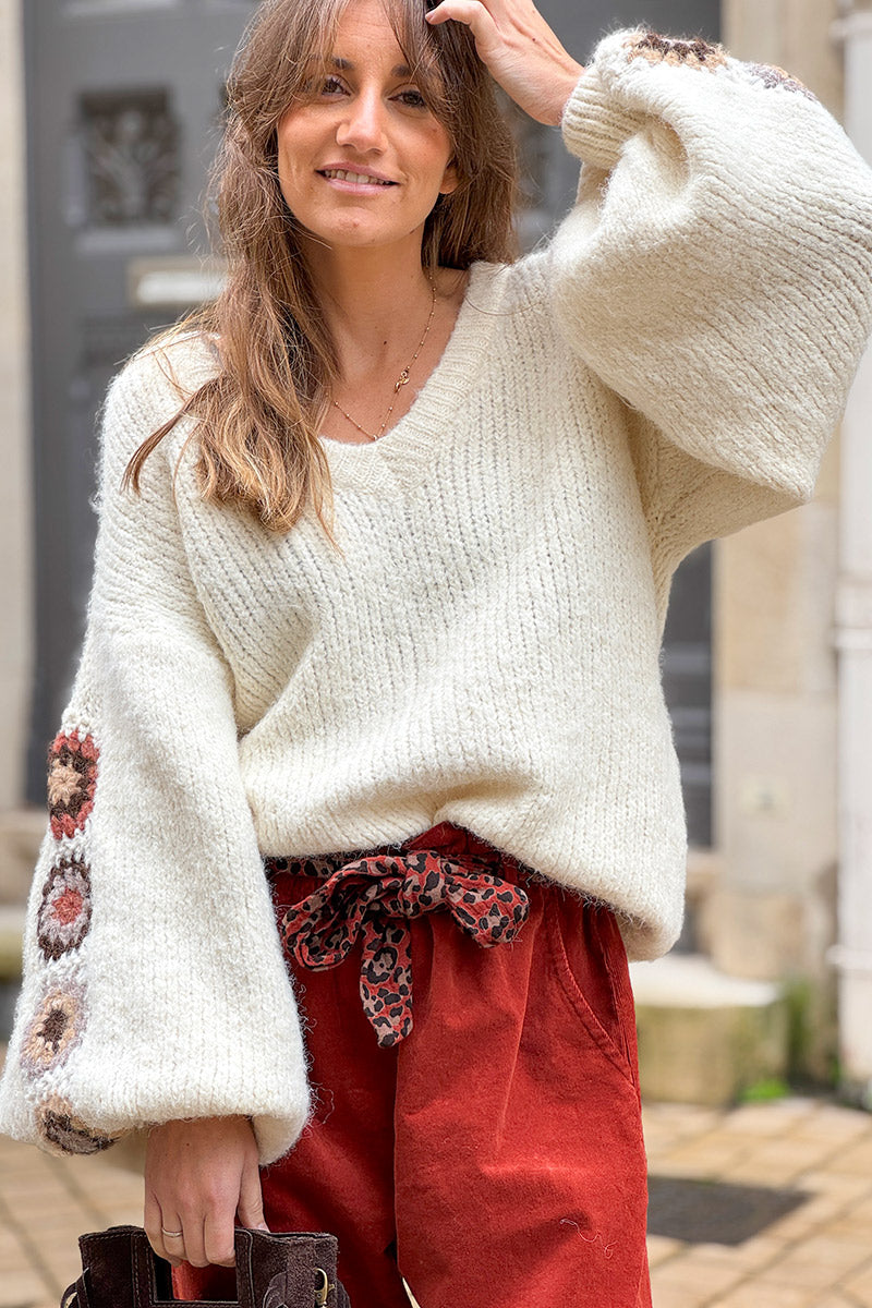 Cream Wool Blend Sweater with Crochet Square Sleeves
