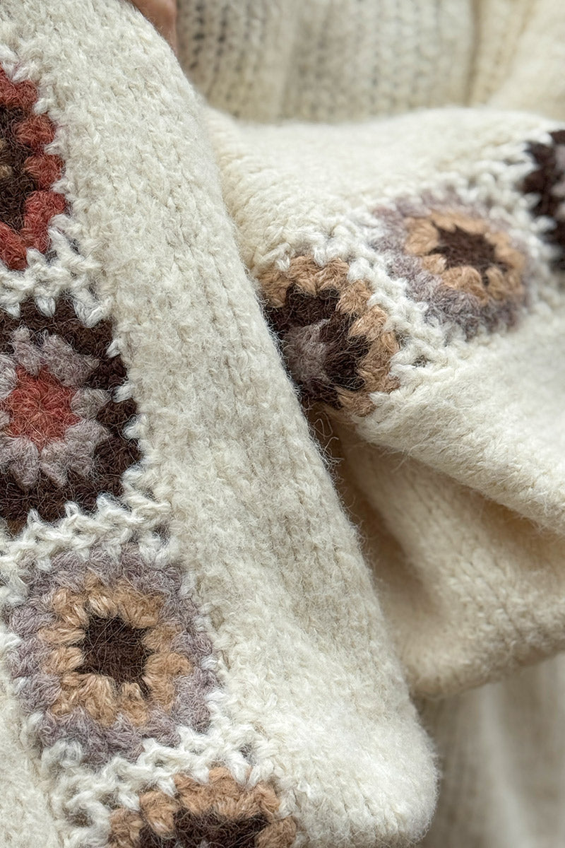 Cream Wool Blend Sweater with Crochet Square Sleeves