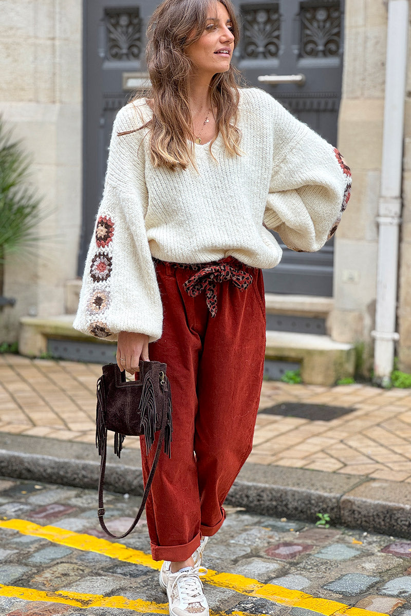 Cream Wool Blend Sweater with Crochet Square Sleeves