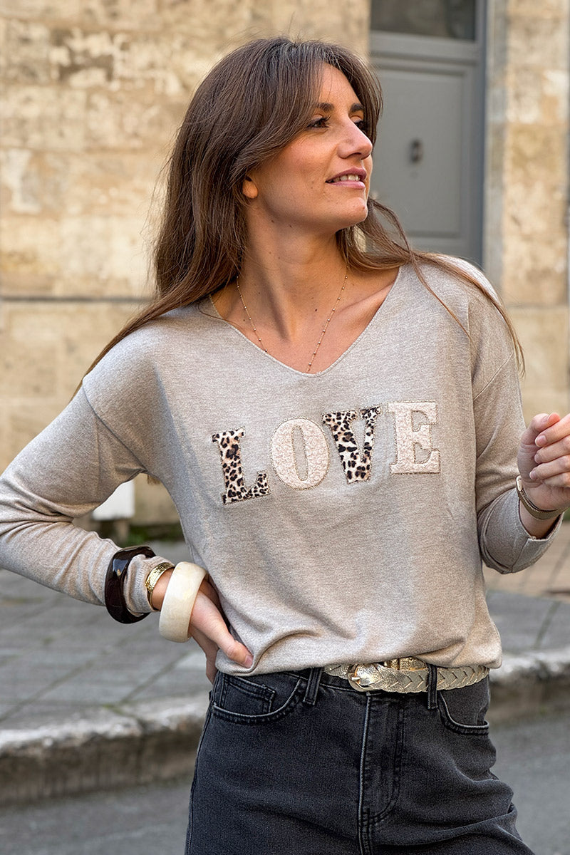 Beige LOVE Leopard Applique V-Neck Long-Sleeve Tee
