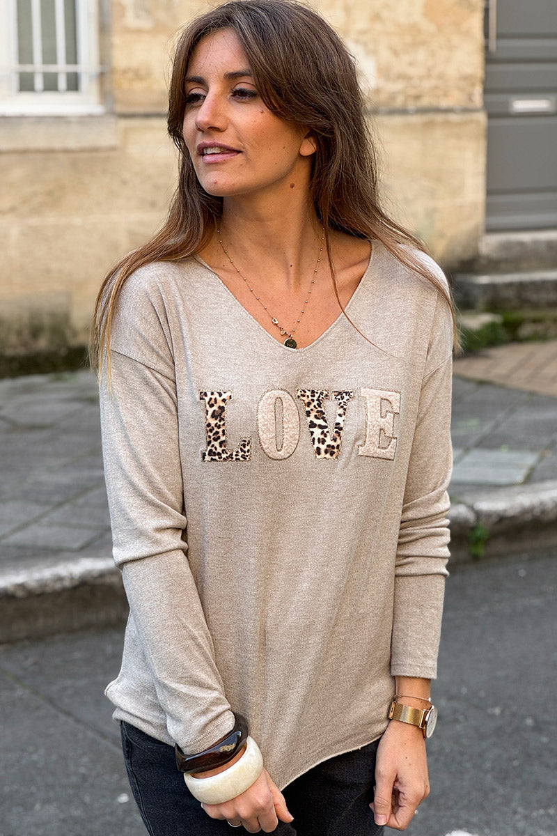 Beige LOVE Leopard Applique V-Neck Long-Sleeve Tee