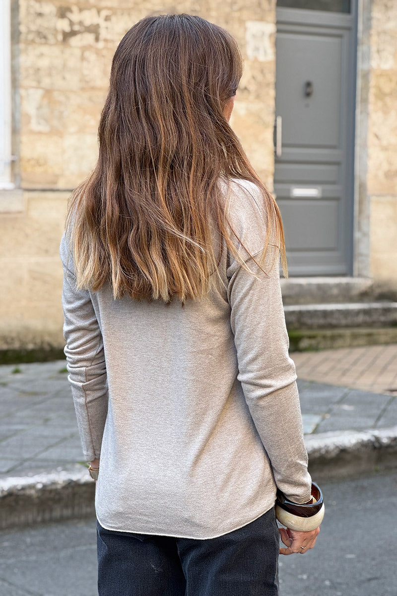 Beige LOVE Leopard Applique V-Neck Long-Sleeve Tee