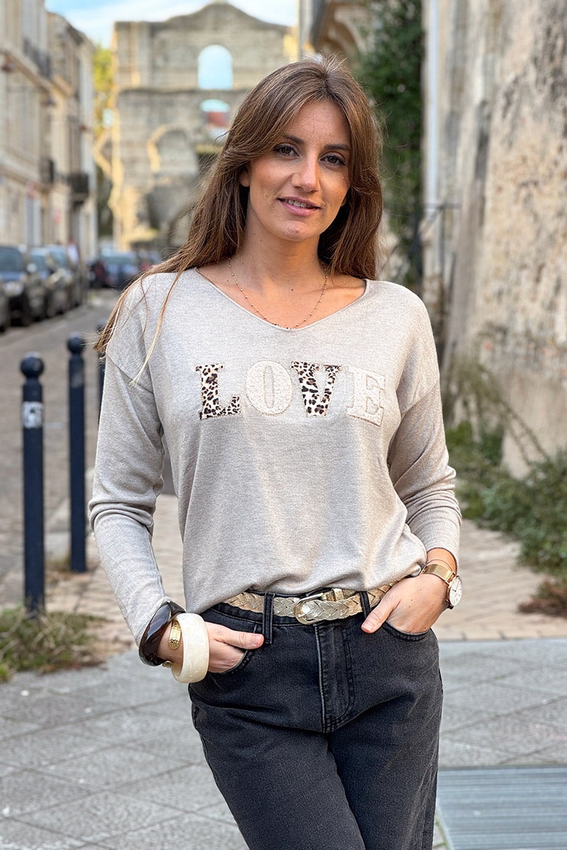 Beige LOVE Leopard Applique V-Neck Long-Sleeve Tee