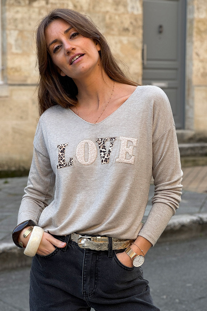 Beige LOVE Leopard Applique V-Neck Long-Sleeve Tee
