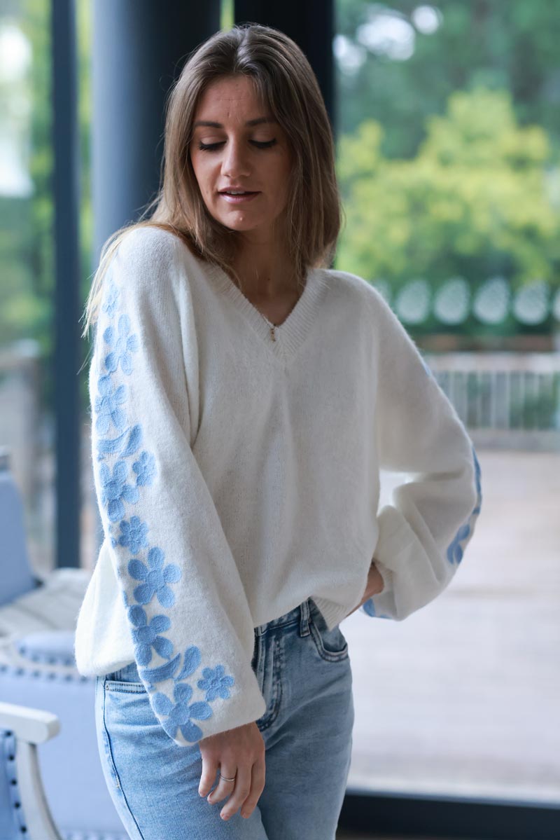 Off White Heathered Daisy Sleeve Sweater