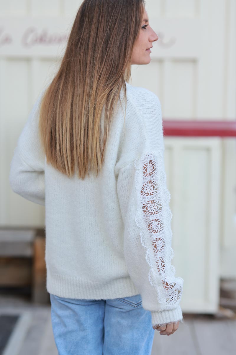 Off White Lace Sleeve Knit Sweater