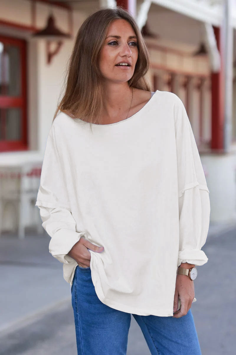 White Stretch Knit Long-Sleeve Slouchy Tee