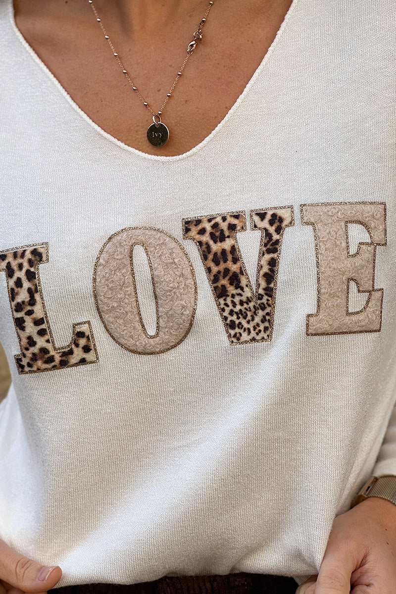 Beige LOVE Leopard Applique V-Neck Long-Sleeve Tee