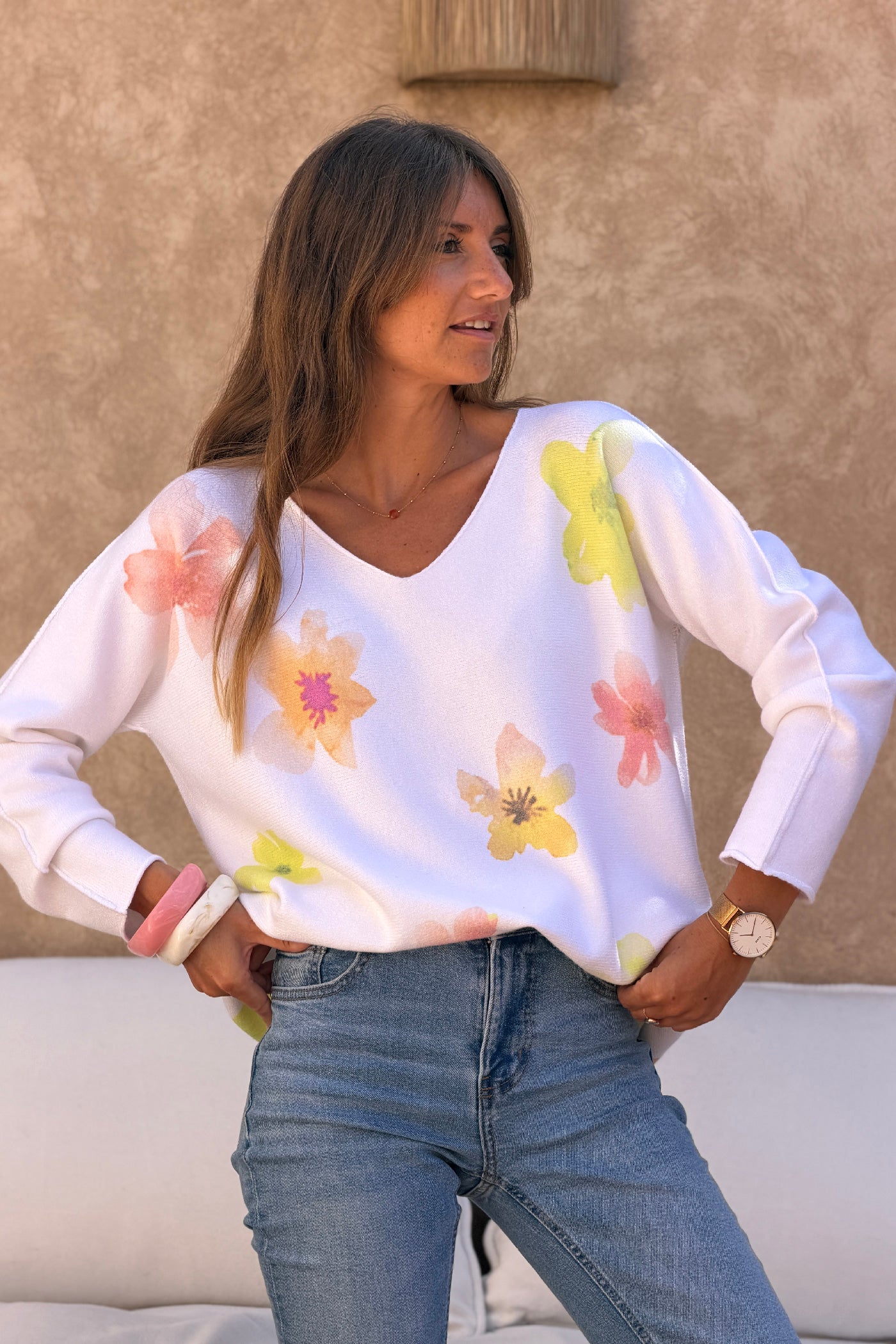 Yellow Hibiscus Knit V-Neck Top