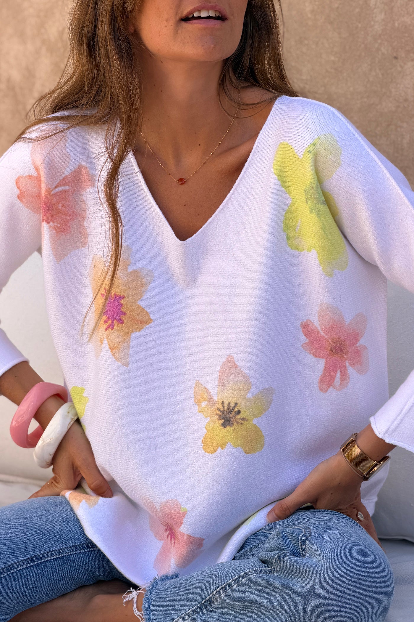 Yellow Hibiscus Knit V-Neck Top