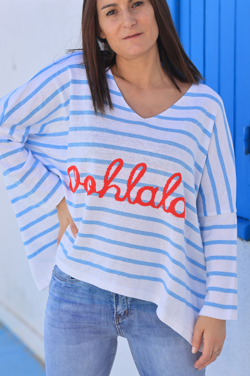 Oversized white and sky blue striped 'Oohlala' jumper