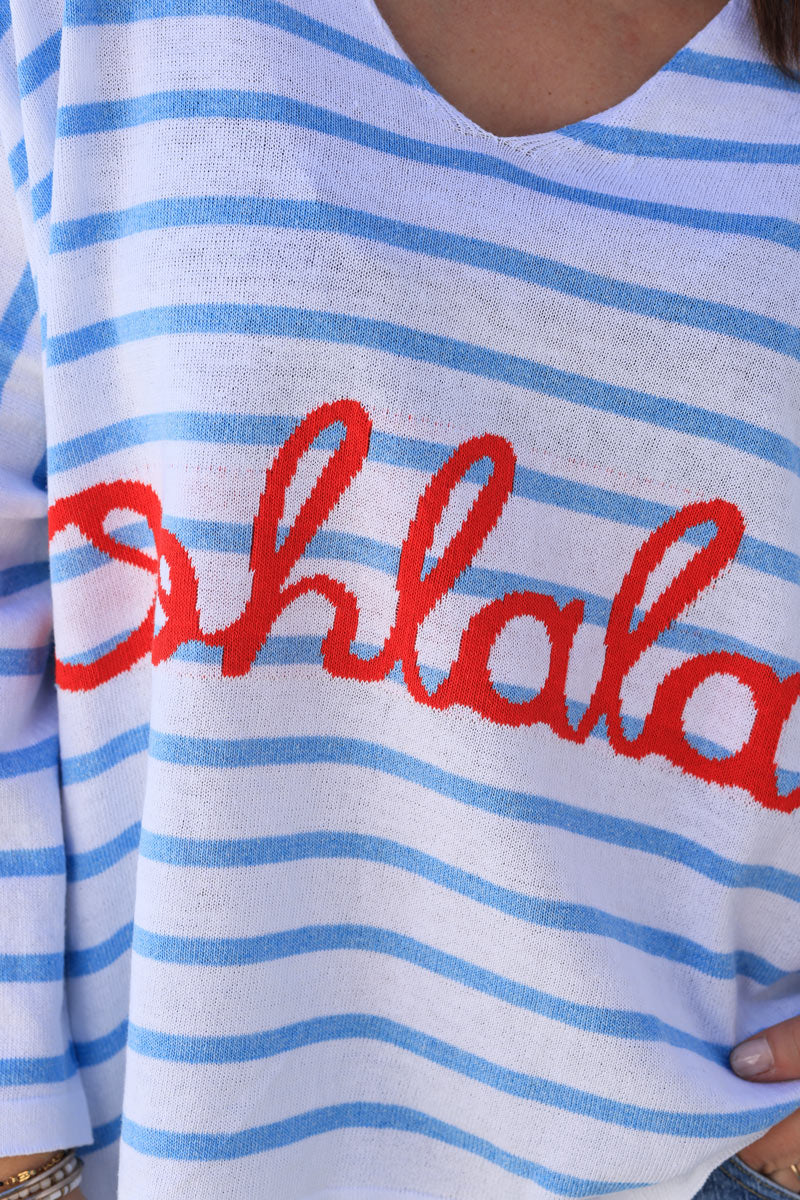 Oversized white and sky blue striped 'Oohlala' jumper