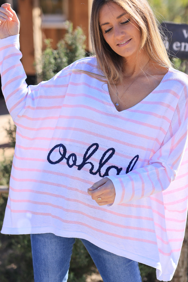 Oversized white and pink striped 'Oohlala' jumper