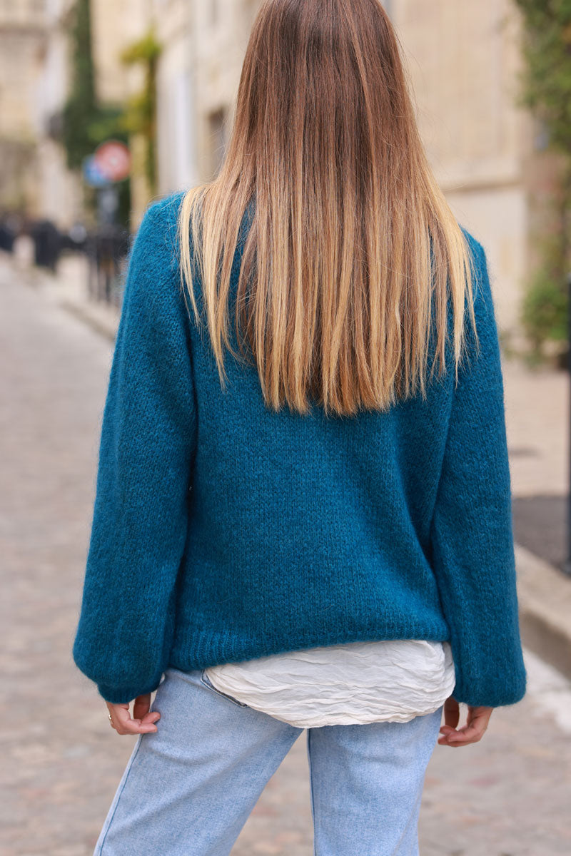 Pull bleu canard en maille manches bouffantes col rond