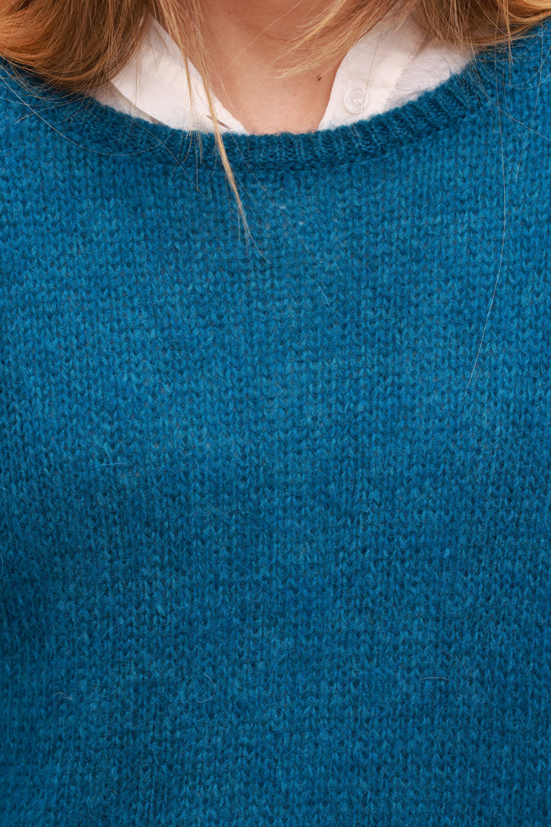 Peacock blue knitted mohair blend sweater round neck