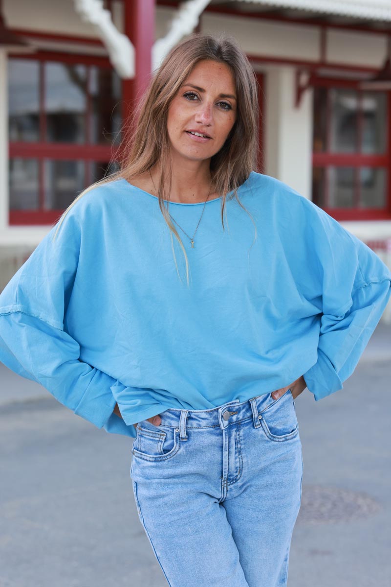 Pull bleu ciel large oversize col rond en coton stretch coutures apparentes