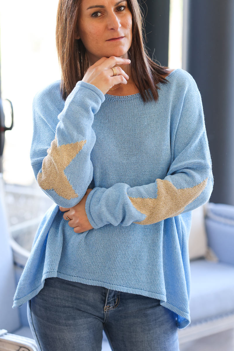 Sky blue cotton knit sweater with gold stars on elbows and back