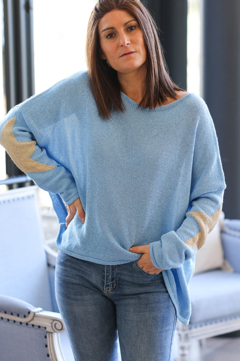 Sky blue cotton knit sweater with gold stars on elbows and back