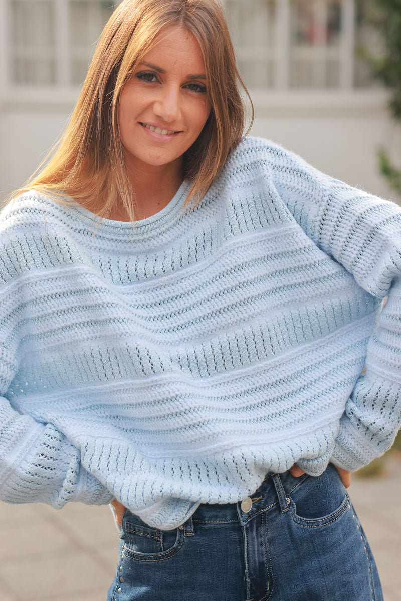 Sky blue striped open knit sweater