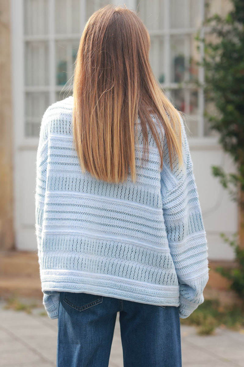 Sky blue striped open knit jumper