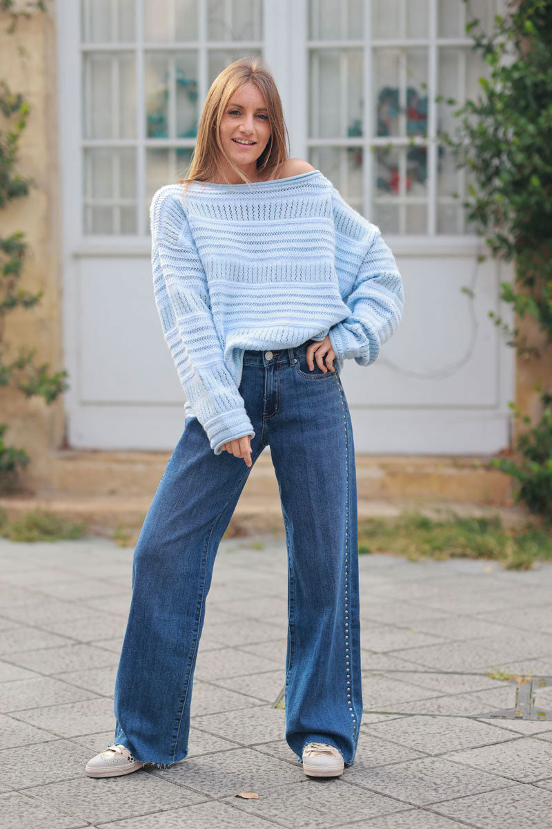 Sky blue striped open knit jumper