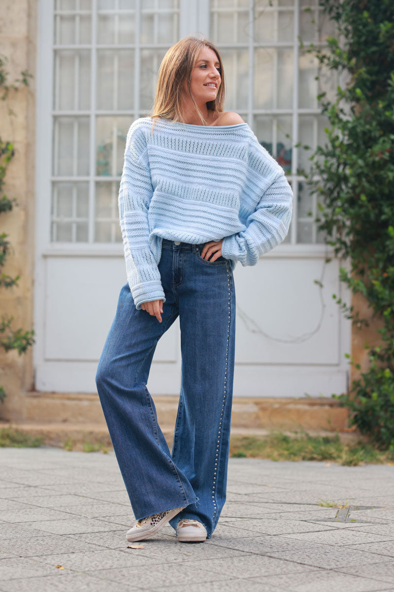 Sky blue striped open knit sweater