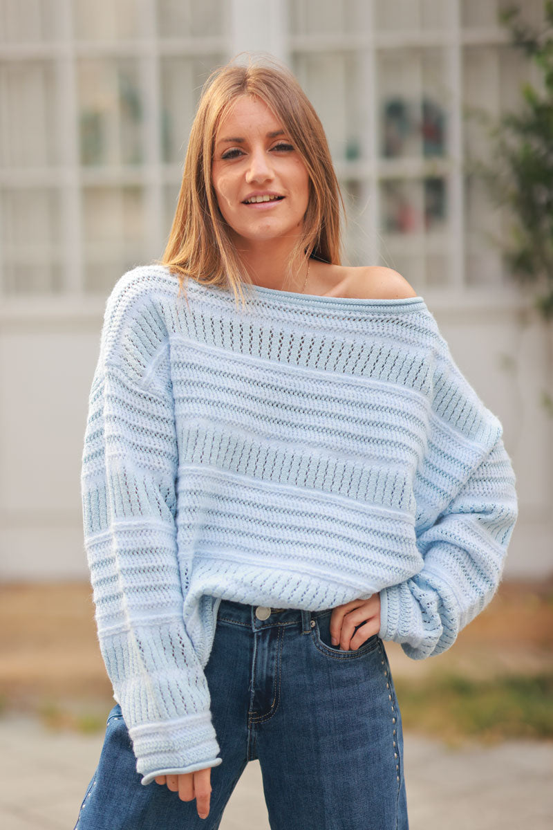 Sky blue striped open knit sweater