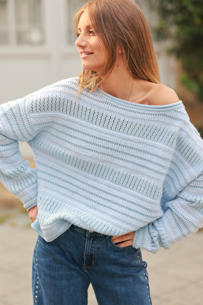 Sky blue striped open knit sweater