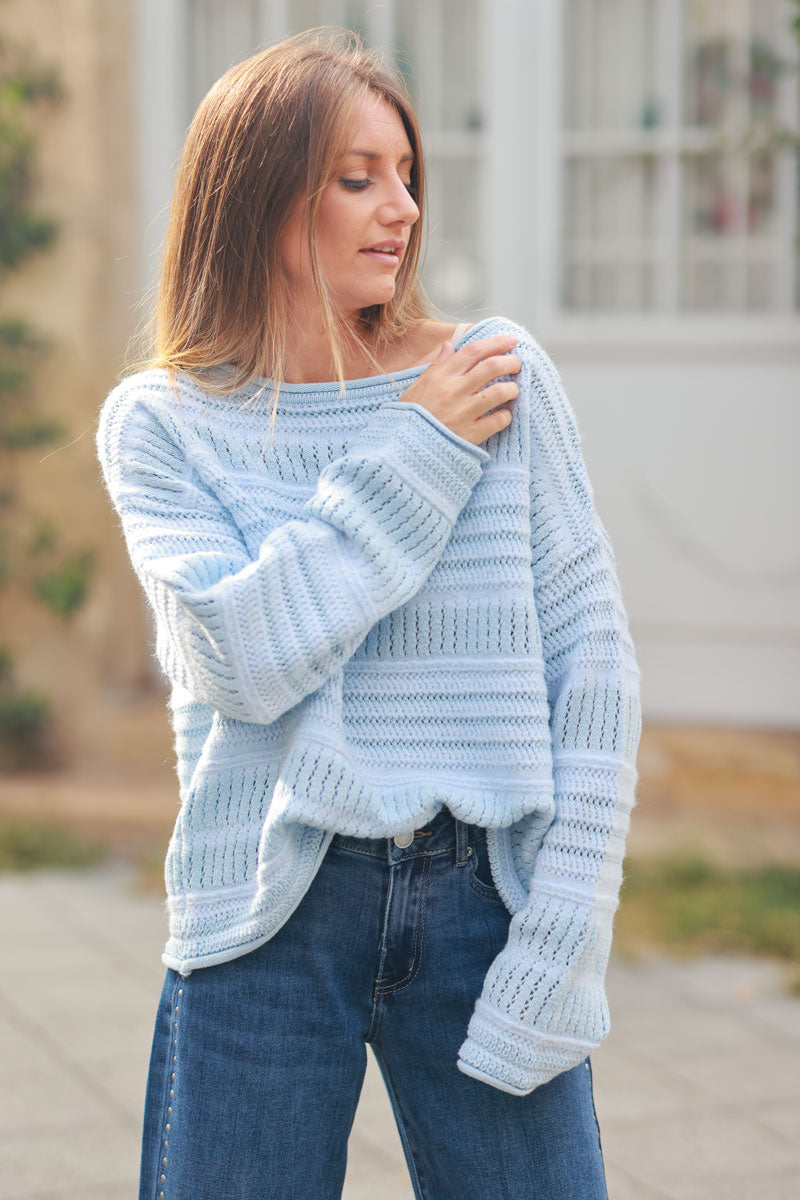 Sky blue striped open knit sweater