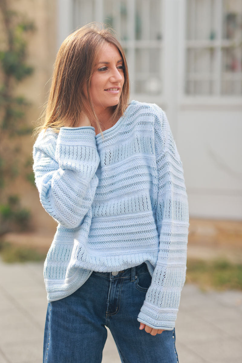 Sky blue striped open knit sweater